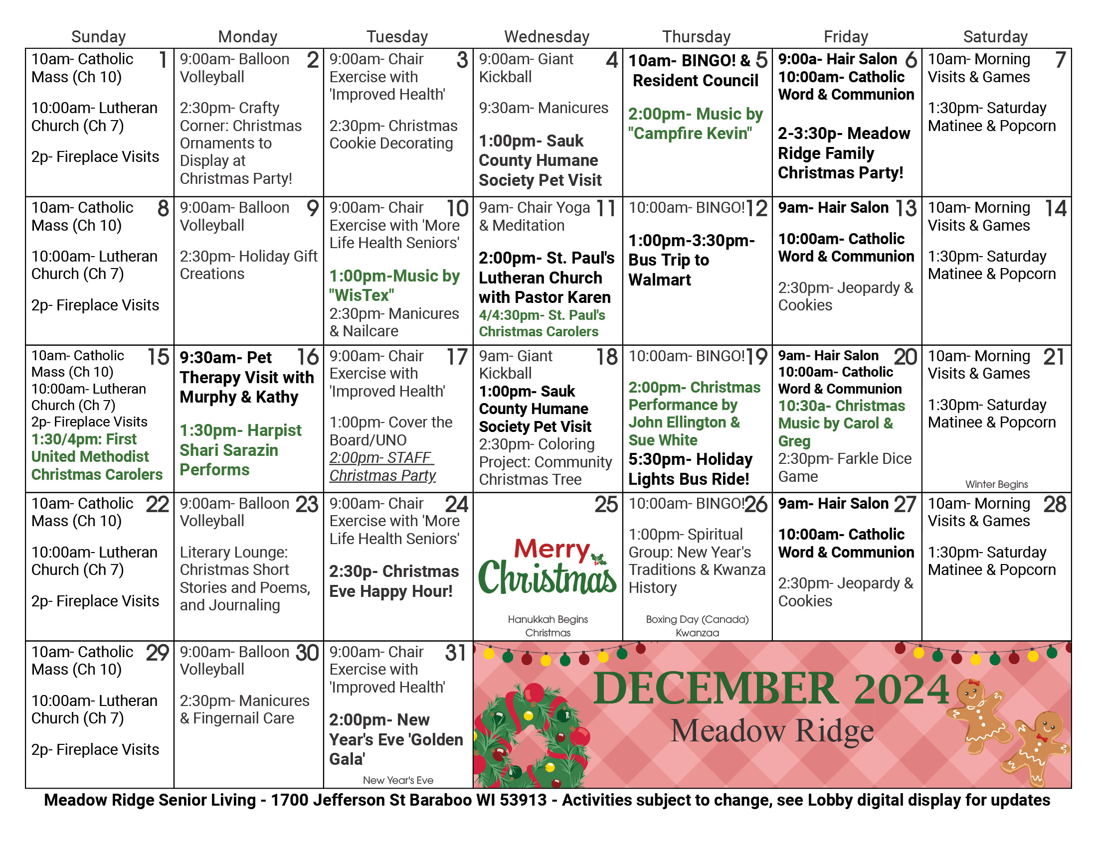 Meadow Ridge Assisted Living December calendar