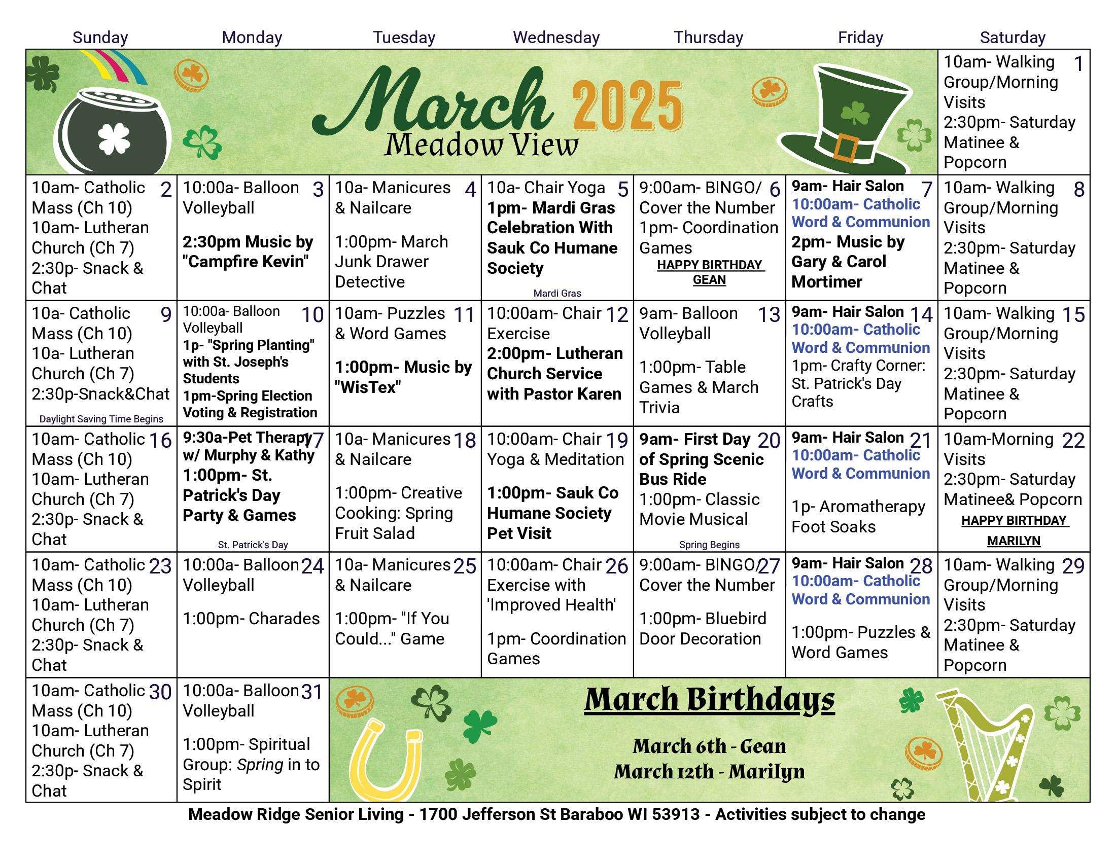 Meadow View Memory Care March calendar