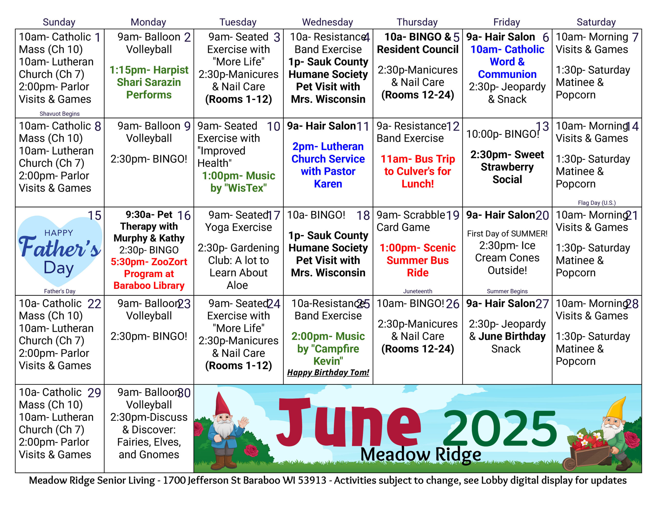 Meadow Ridge Assisted Living June 2025 calendar