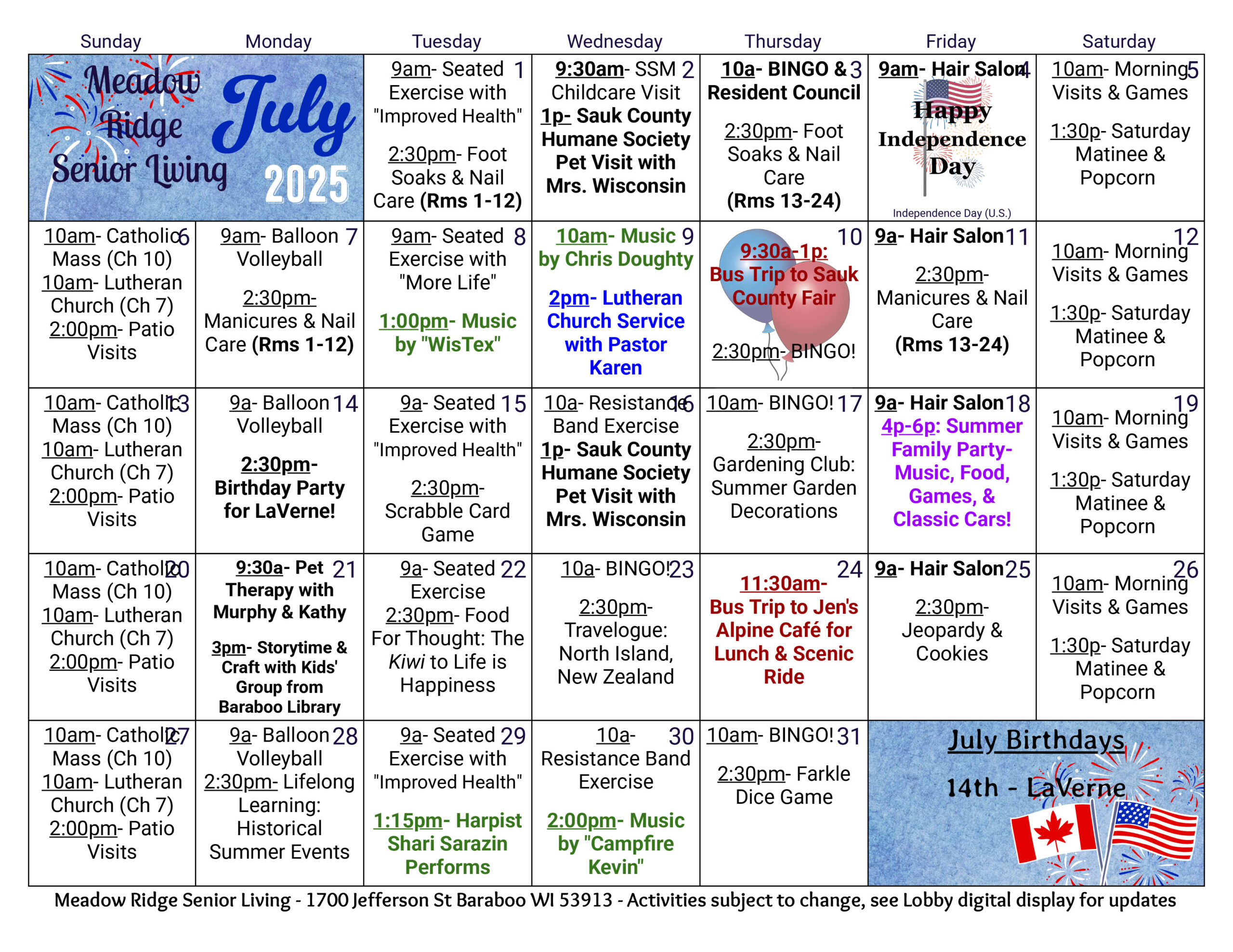 Meadow Ridge Assisted Living July 2025 calendar