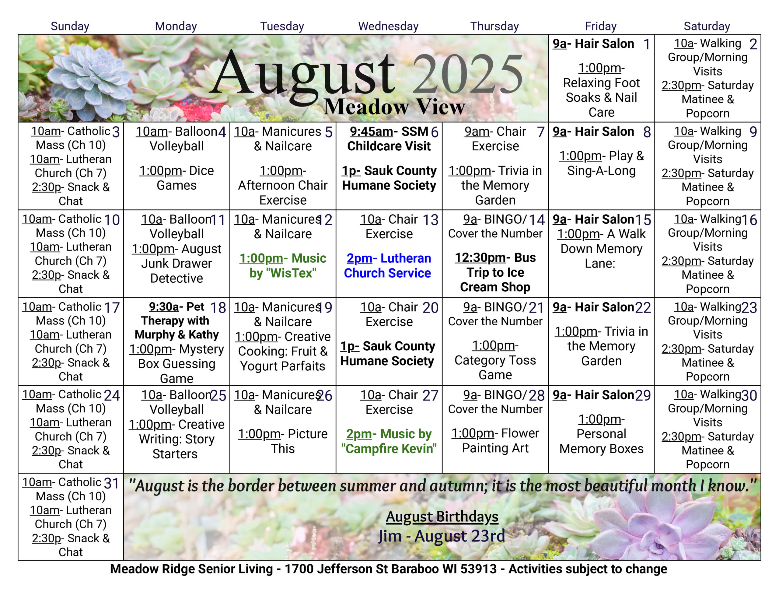 Meadow View Memory Care August 2025 calendar