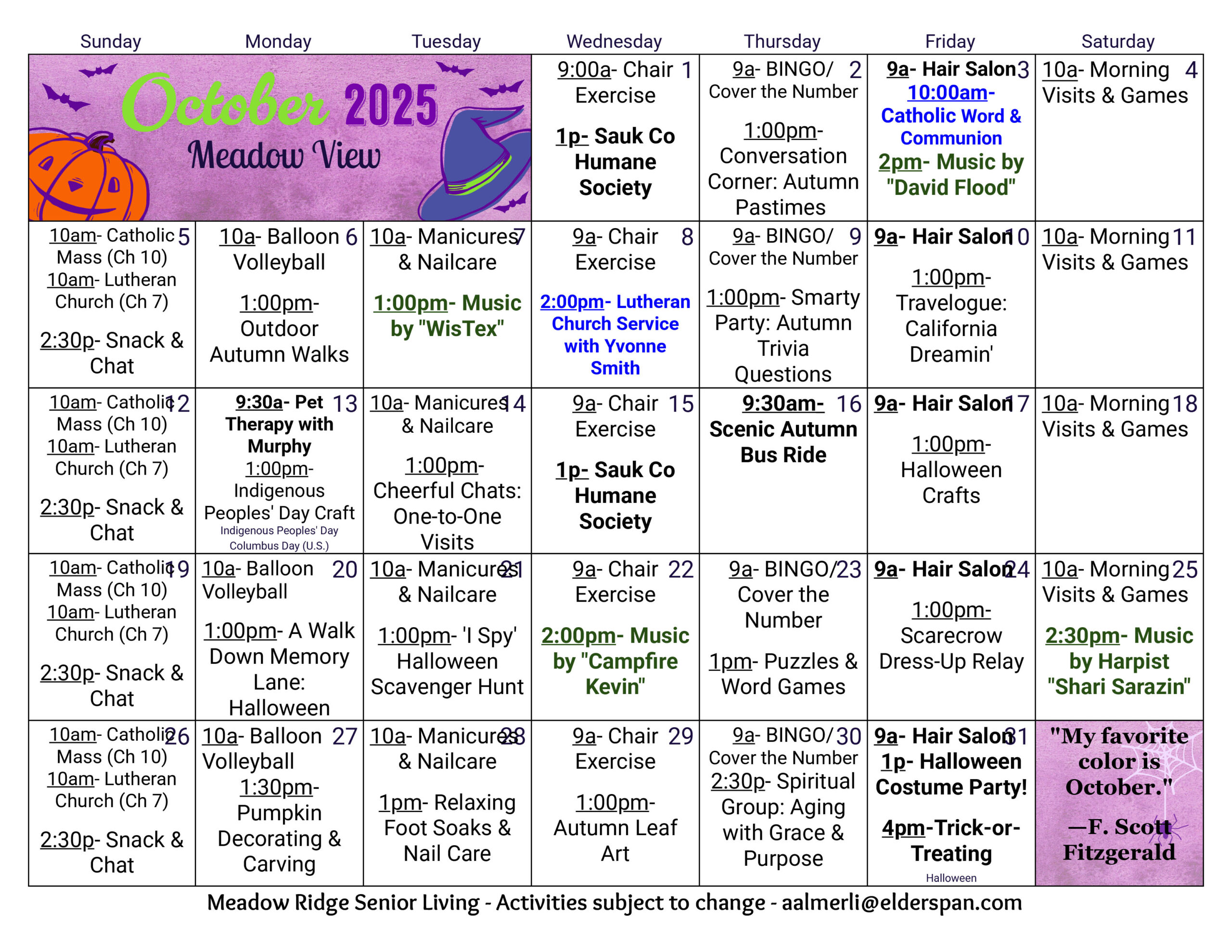 Meadow View October 2025 calendar