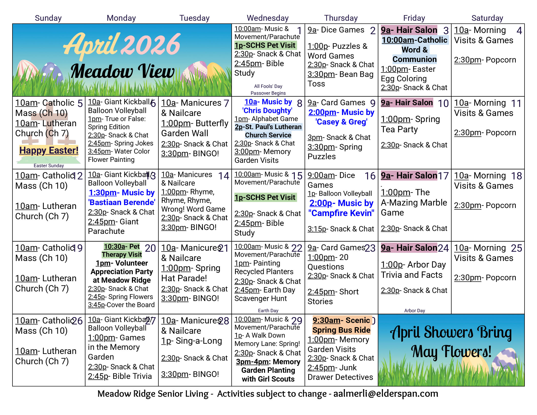 Meadow View Memory Care April 2026 calendar