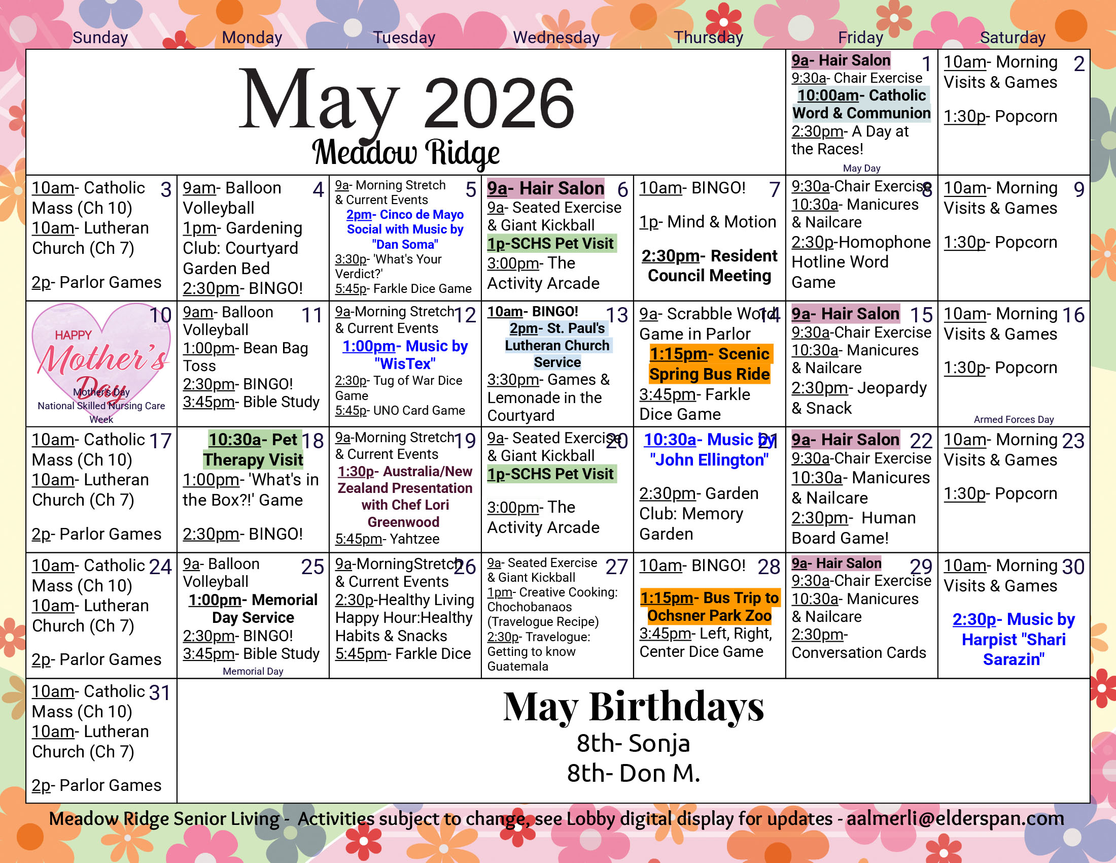 Meadow Ridge Assisted Living May 2026 calendar