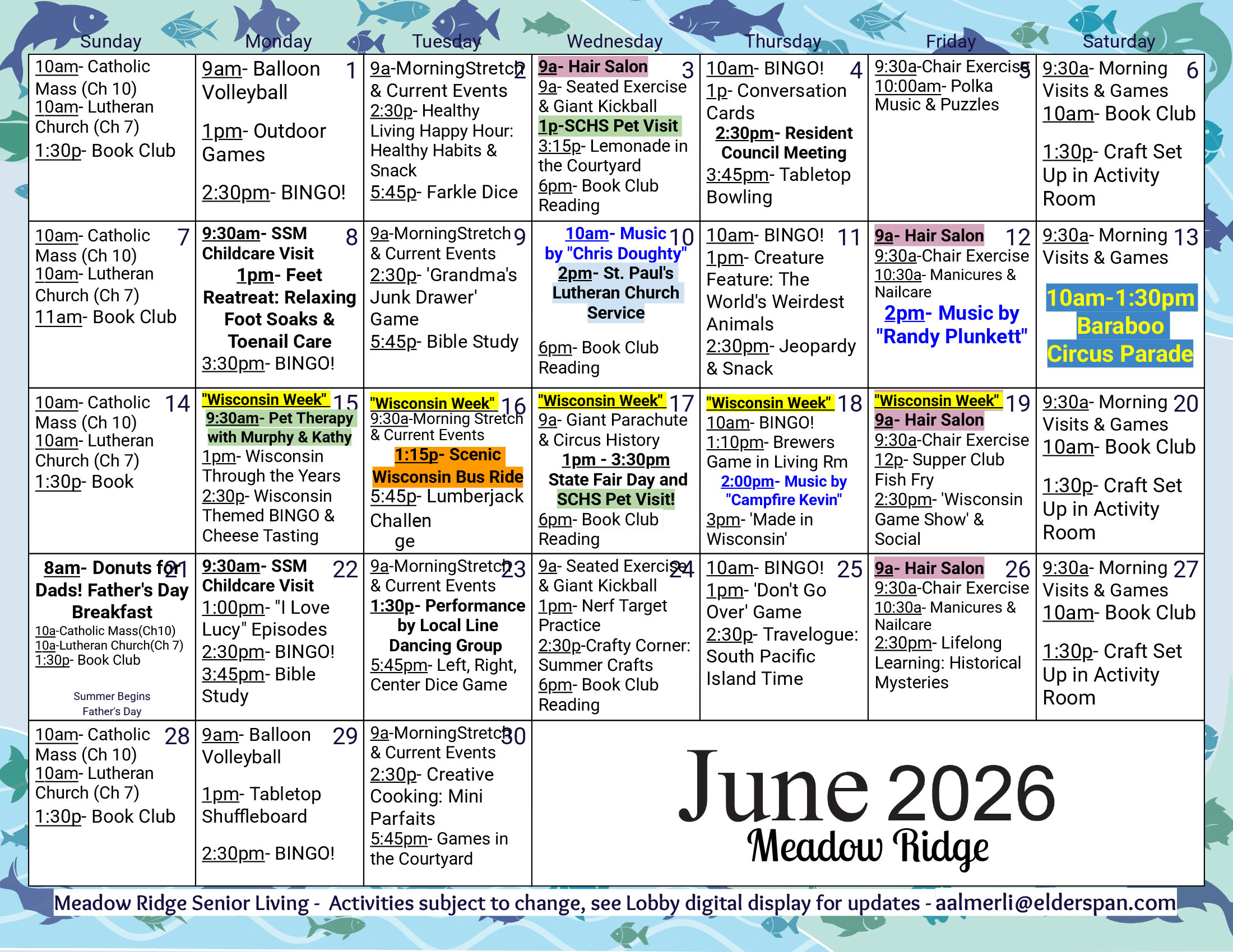 Meadow Ridge Assisted Living June 2026 calendar