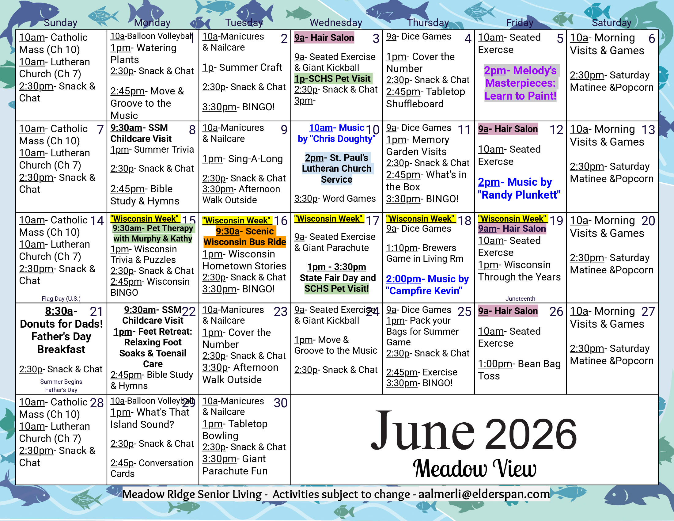 Meadow View Memory Care June 2026 calendar