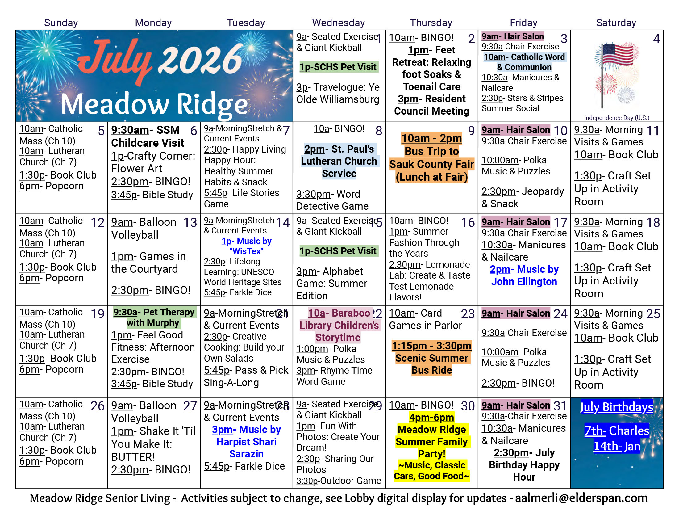 Meadow Ridge Assisted Living July 2026 calendar