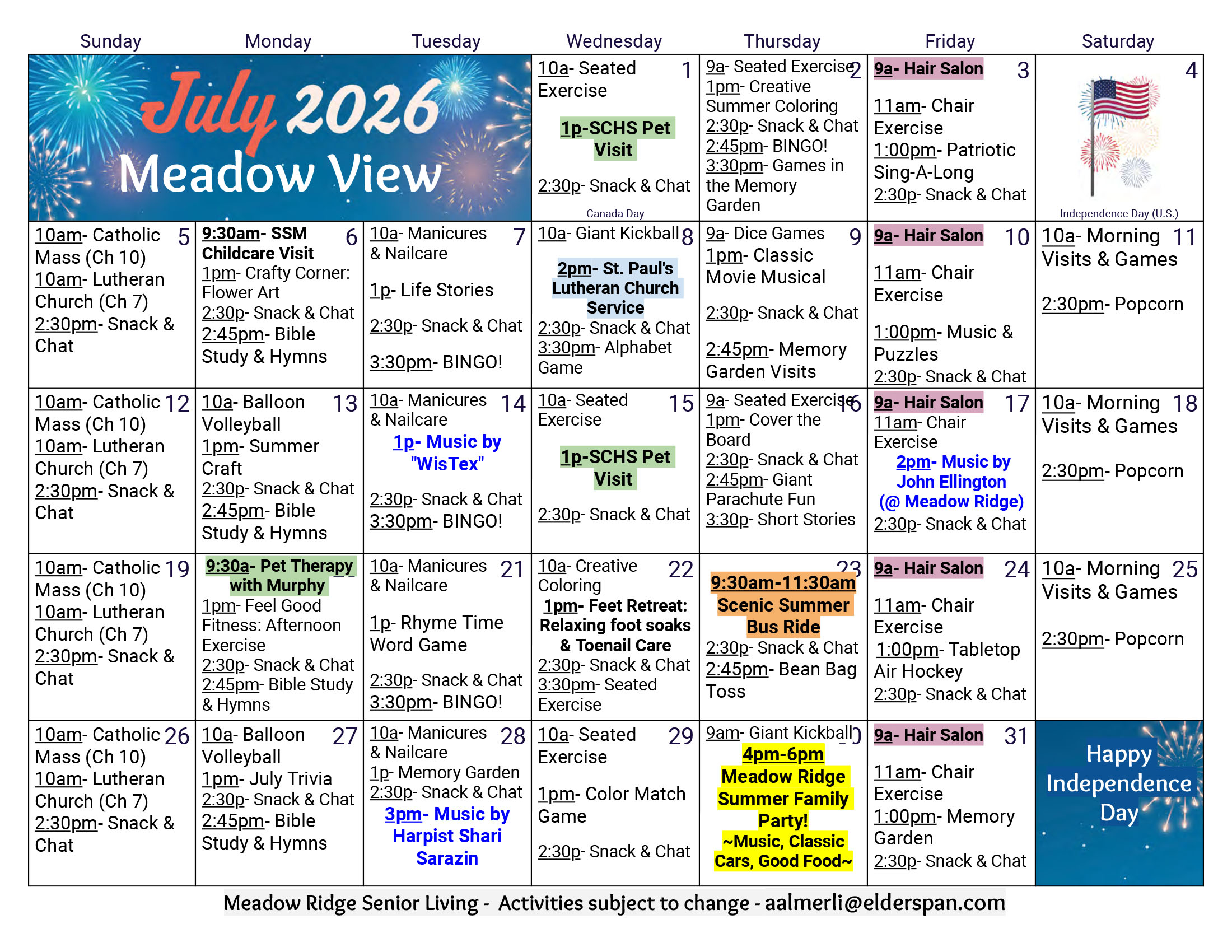 Meadow View Memory Care July 2026 calendar