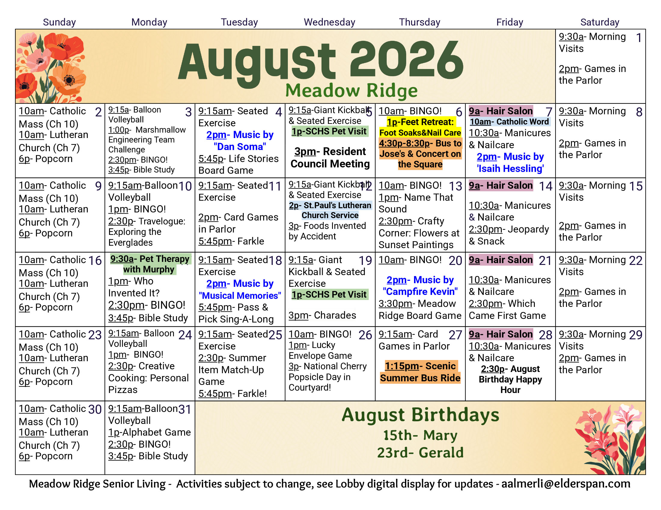 Meadow Ridge Assisted Living August 2026 calendar
