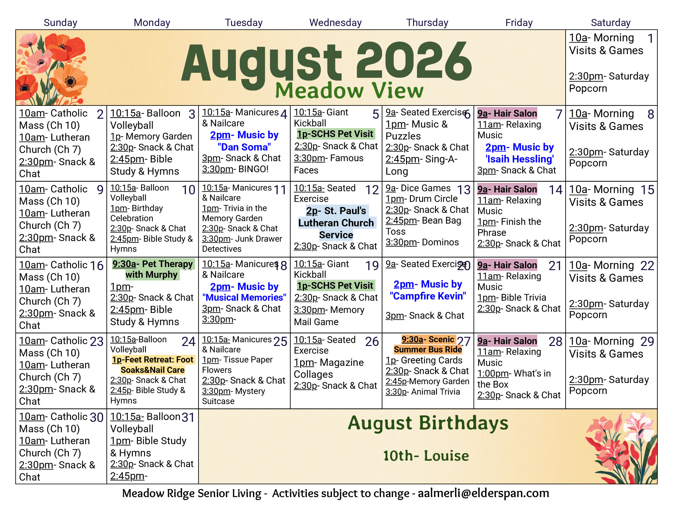 Meadow View Memory Care August 2026 calendar
