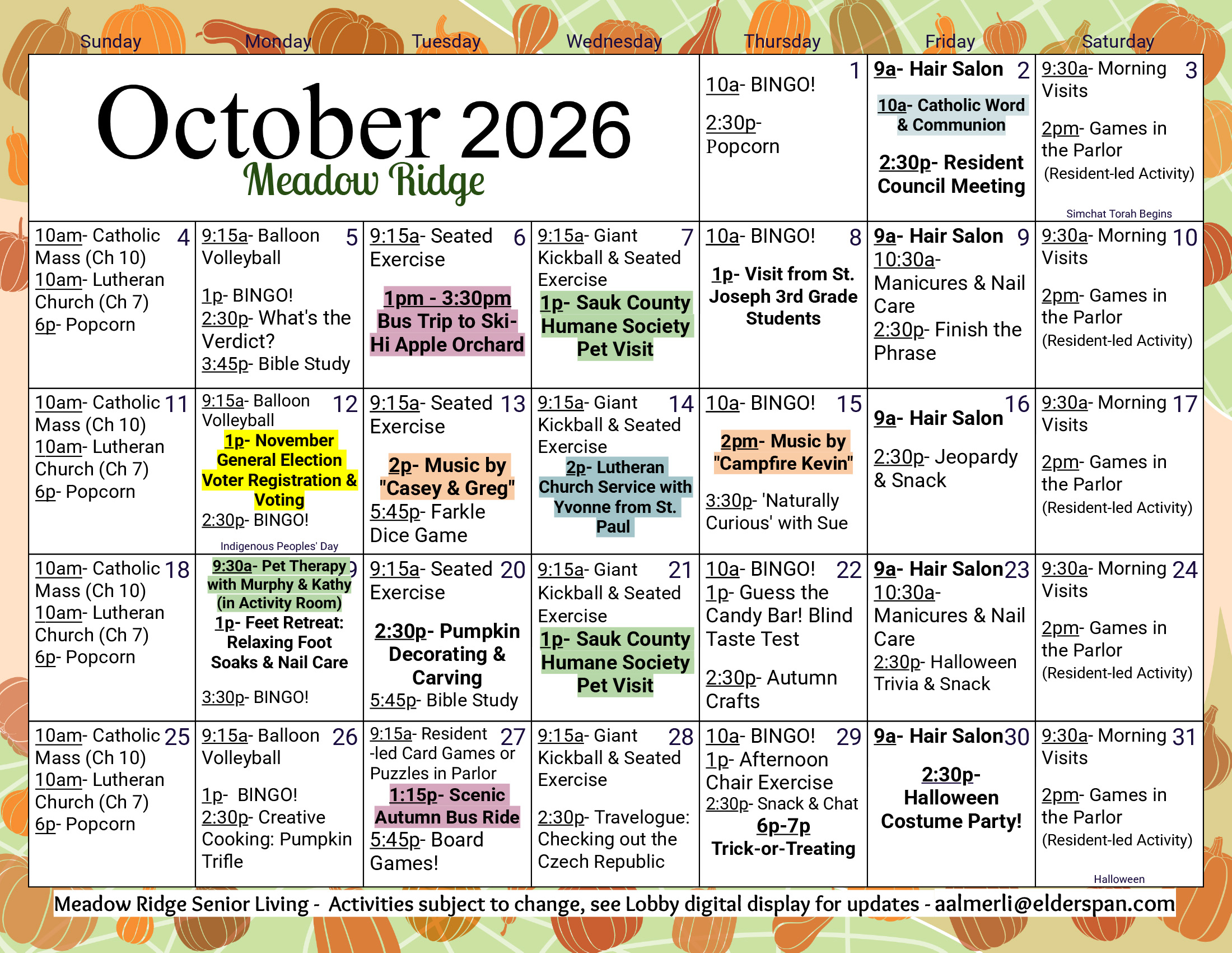 Meadow Ridge October 2026 calendar
