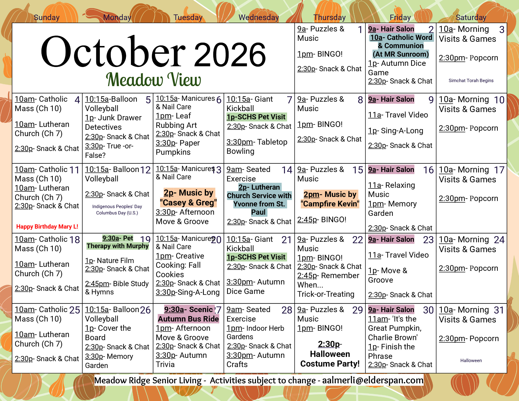 Meadow View Memory Care October 2026 calendar